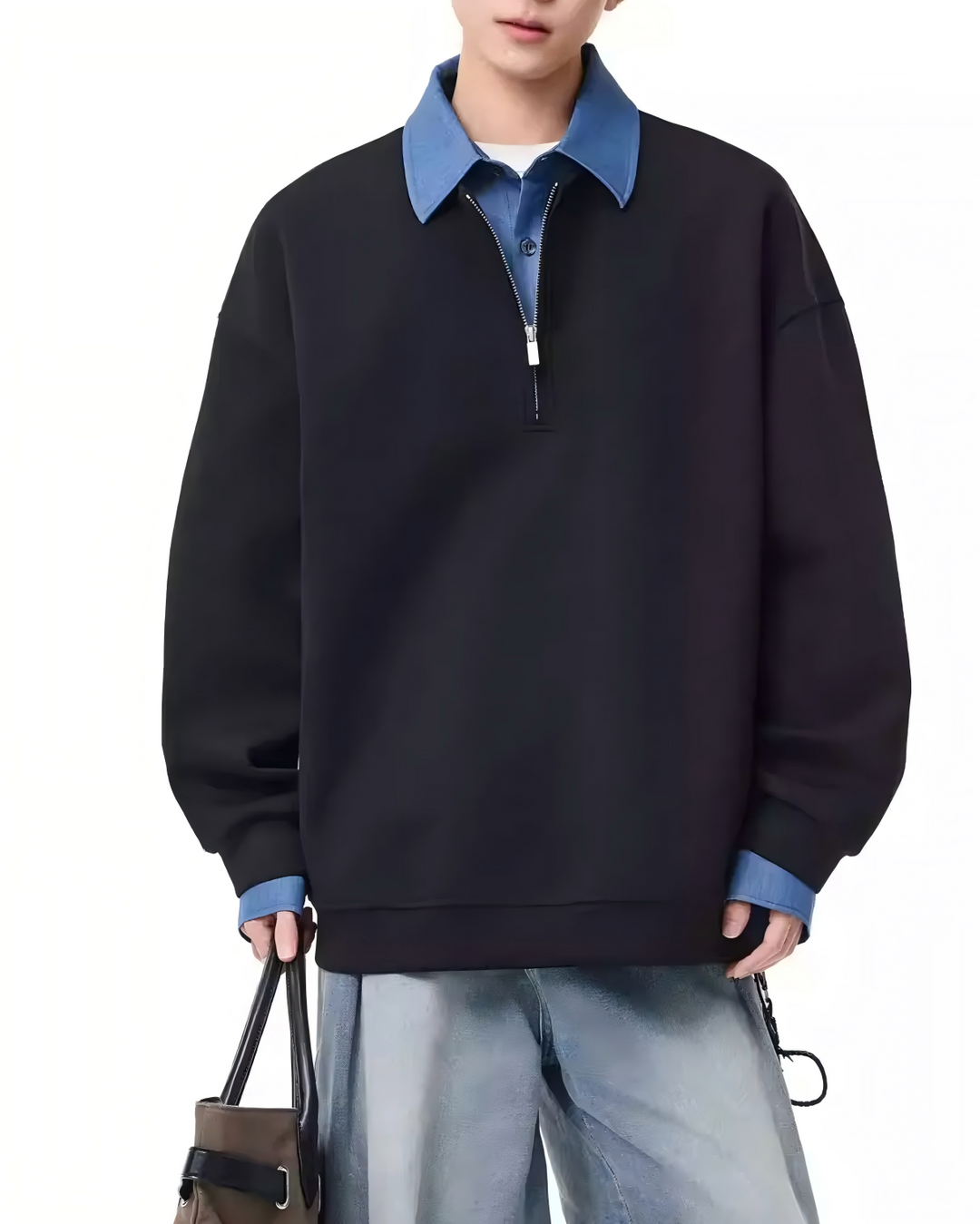 STEP BLOCK ST009 Faux Layered Denim Collar Half-Zip Sweater