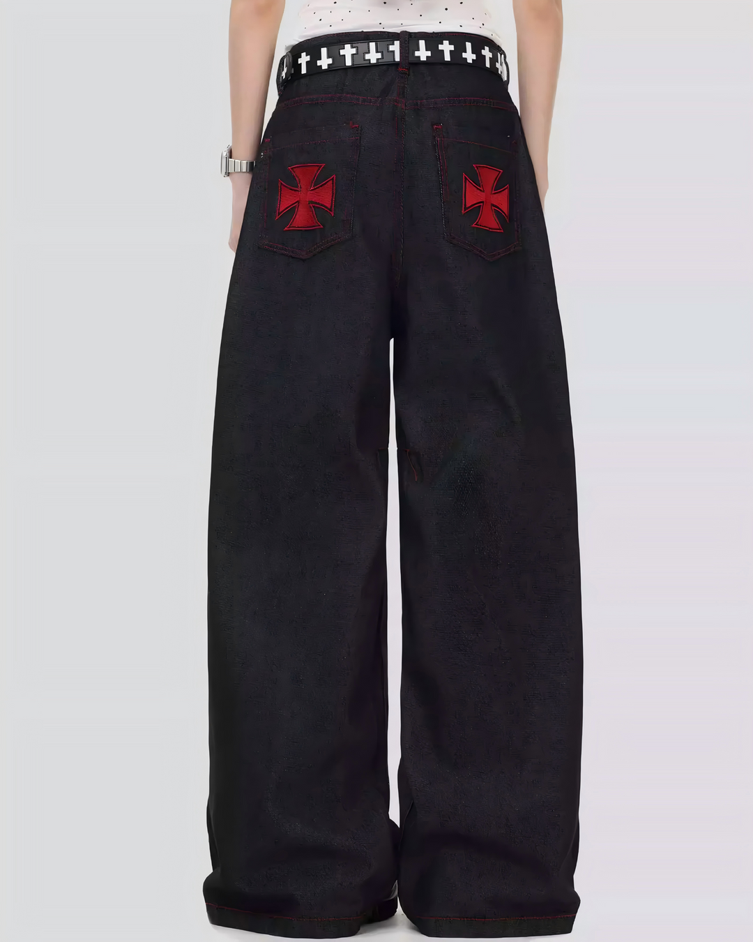 STEP BLOCK MT046 vintage black washed baggy jeans with red embroidery patches