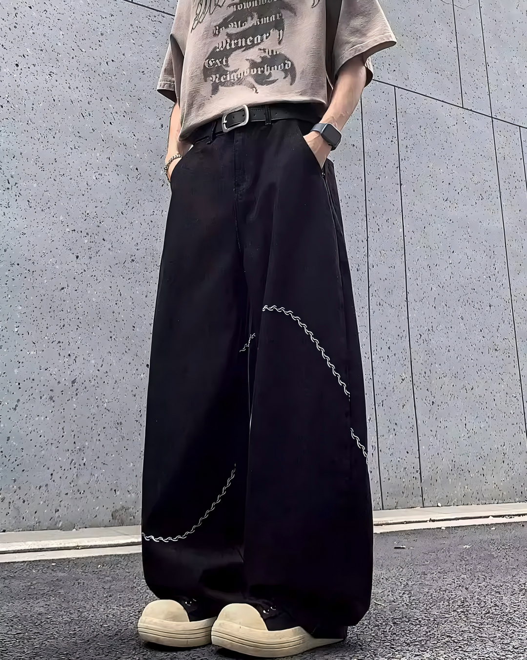 STEP BLOCK MT052 vintage washed black baggy jeans with white stitching