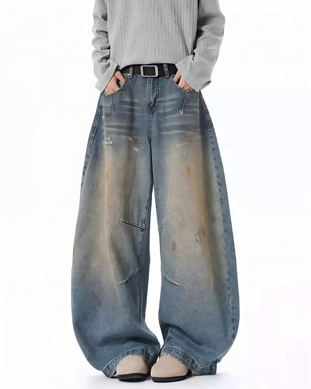 STEP BLOCK MT050 vintage washed oil-stained distressed baggy jeans