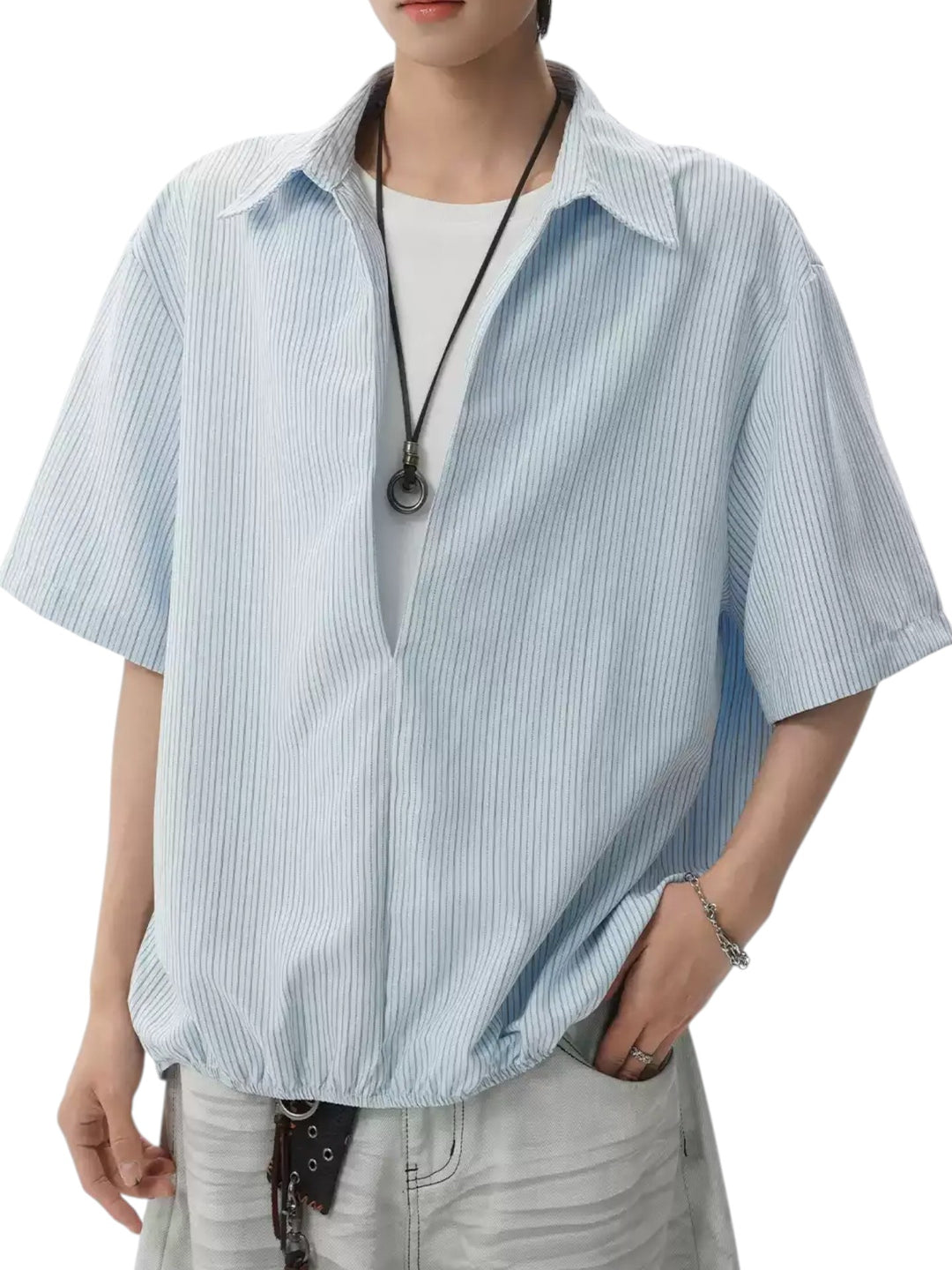 STEP BLOCK MT562 Retro Striped Texture Short Sleeve Button-Up Shirt