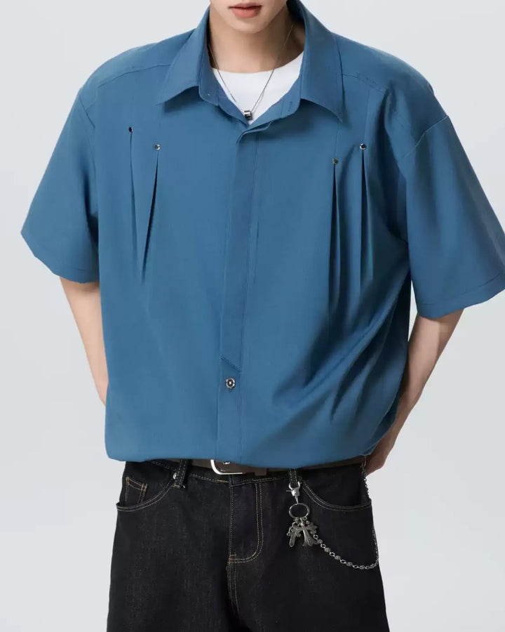 STEP BLOCK MT555 Studded Short Sleeve Button-Up T-Shirt - Streetwear