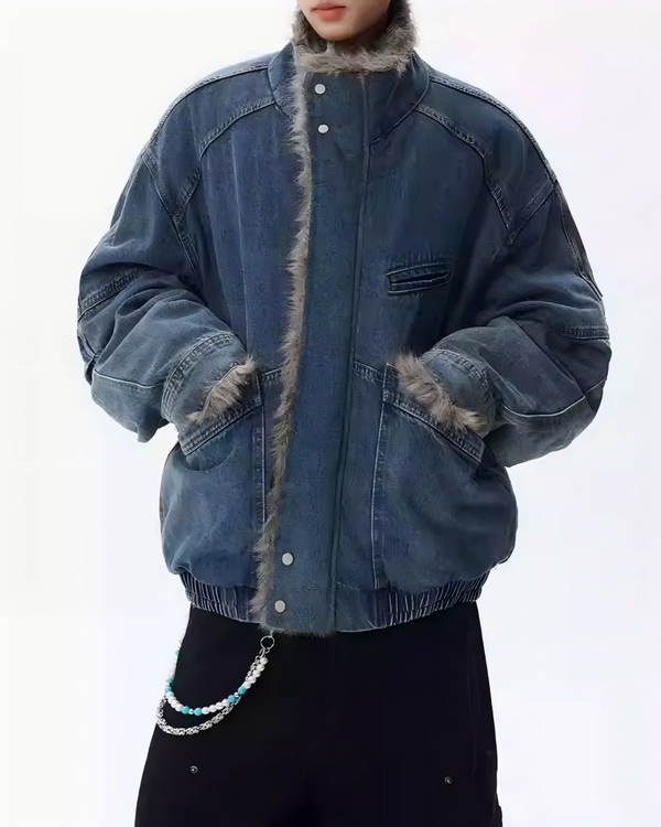 STEP BLOCK ST1019 Shearling Lined Denim Jacket