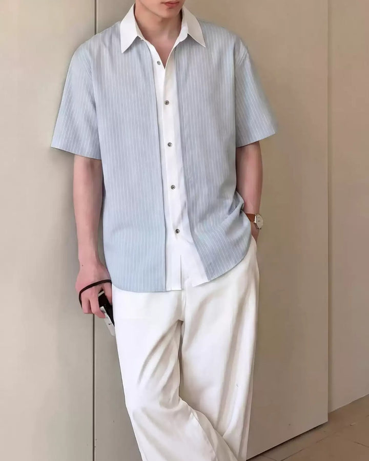 STEP BLOCK MT561 Contrast Collar Short Sleeve Button-Up Shirt
