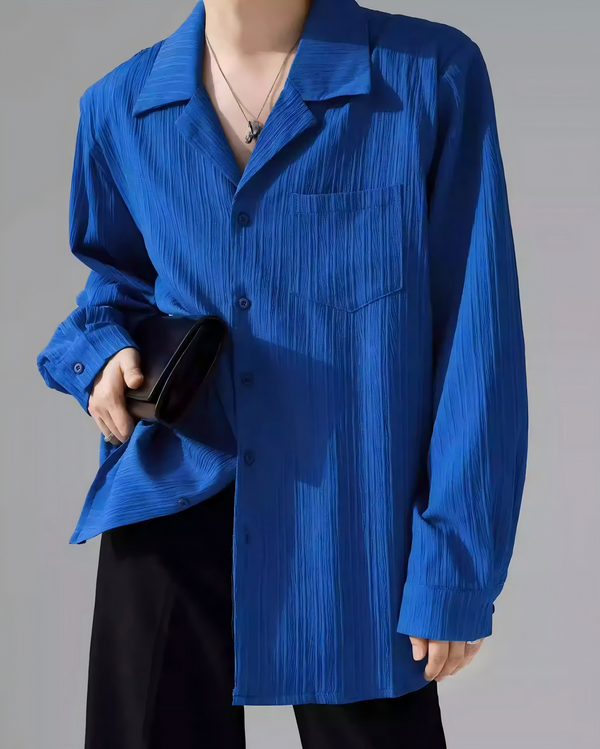 STEP BLOCK MT526 Crinkle Texture Camp Collar Long-Sleeve Shirt