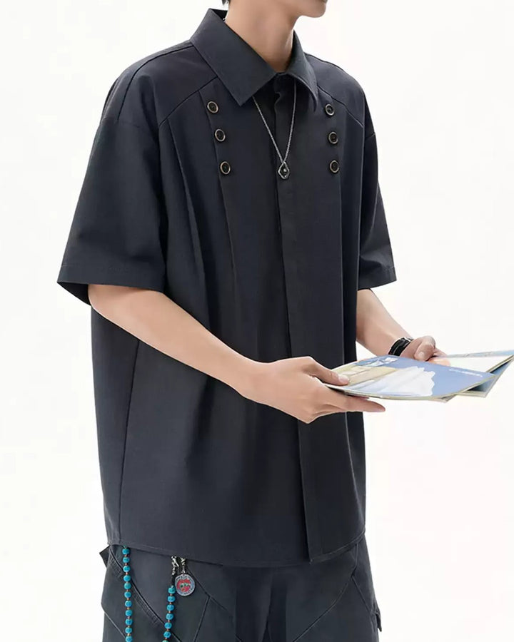 STEP BLOCK MT558 Multi-Button Layered Short Sleeve T-Shirt - Techwear Aesthetic