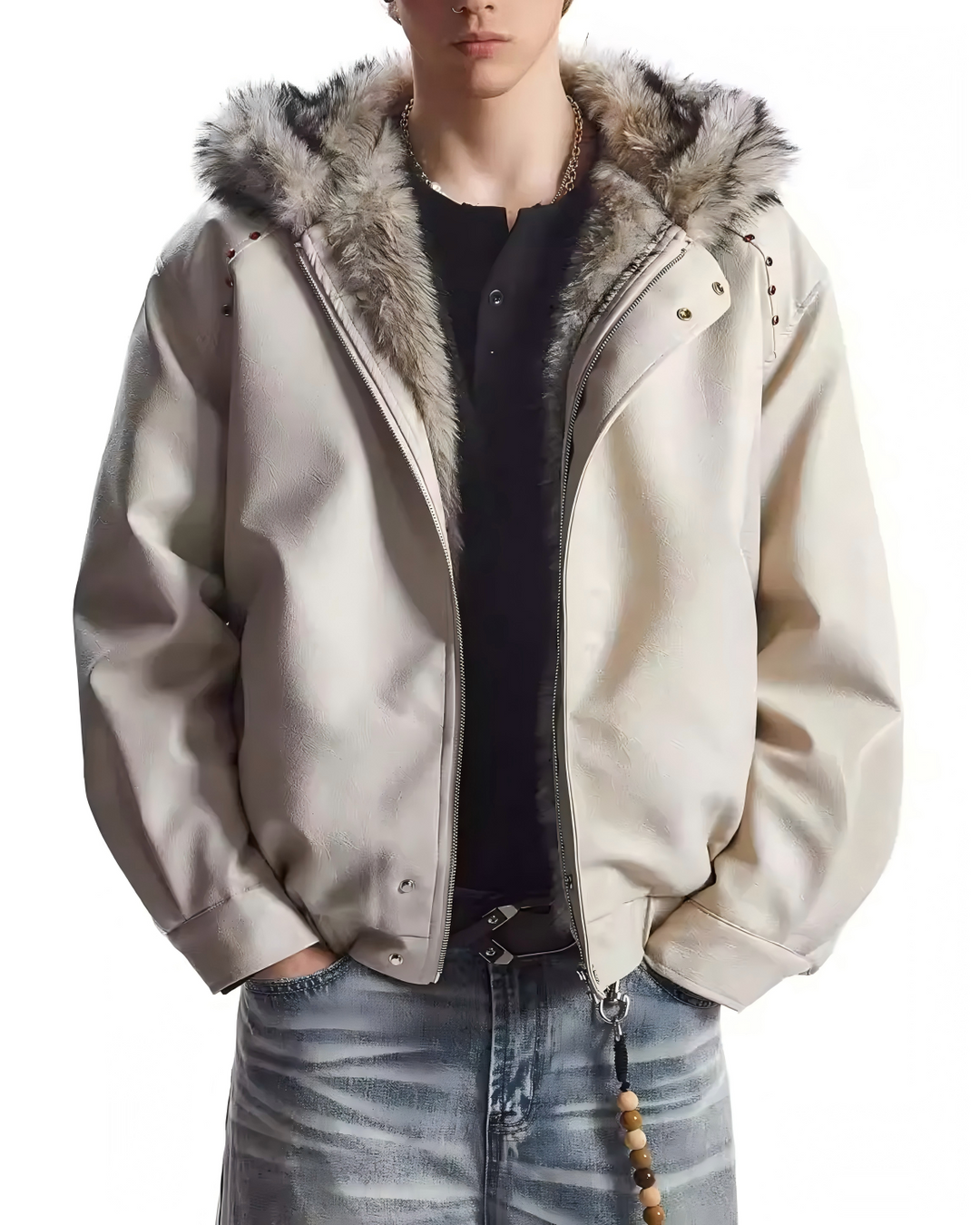 STEP BLOCK ST043 Cropped Shearling Collar Washed Faux Leather Bomber Jacket