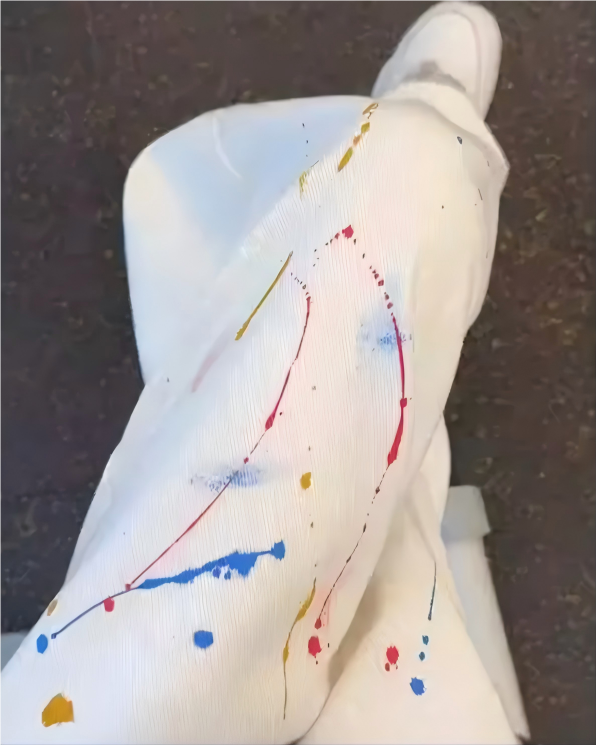STEP BLOCK MT047 white wide-leg pants with colorful paint splatter design
