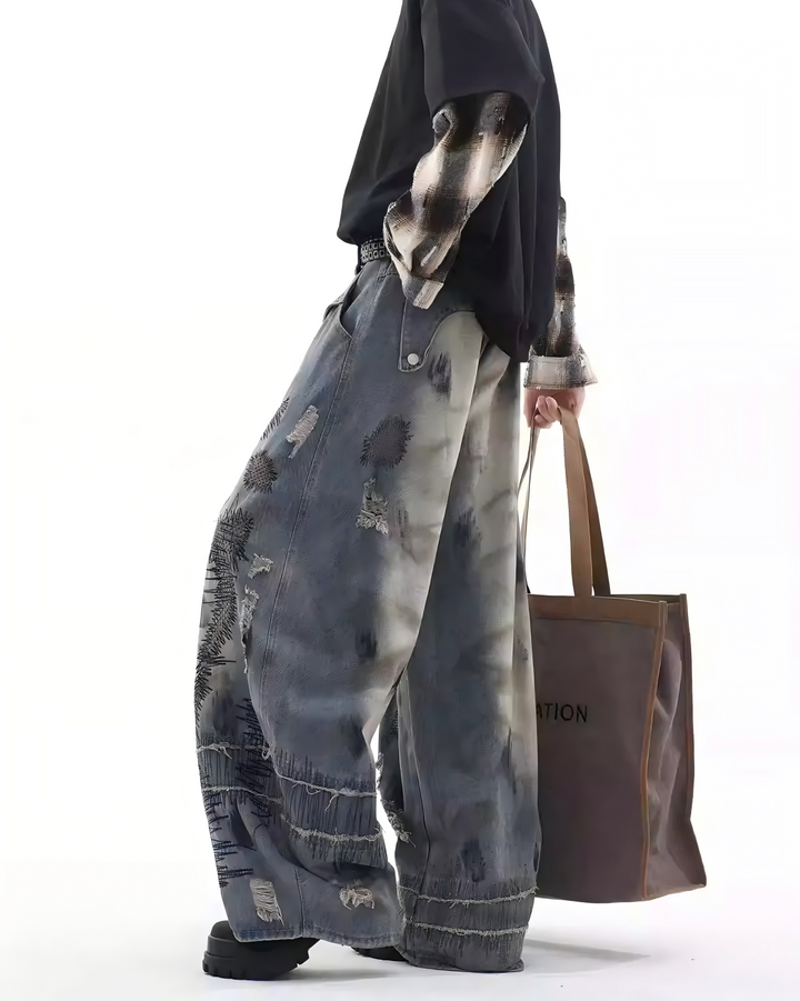 STEP BLOCK MT051 vintage washed distressed graffiti baggy jeans