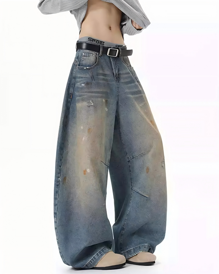STEP BLOCK MT050 vintage washed oil-stained distressed baggy jeans