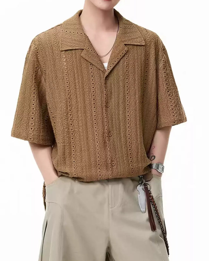STEP BLOCK MT557 Hollow-Out Knit Short Sleeve T-Shirt - Streetwear