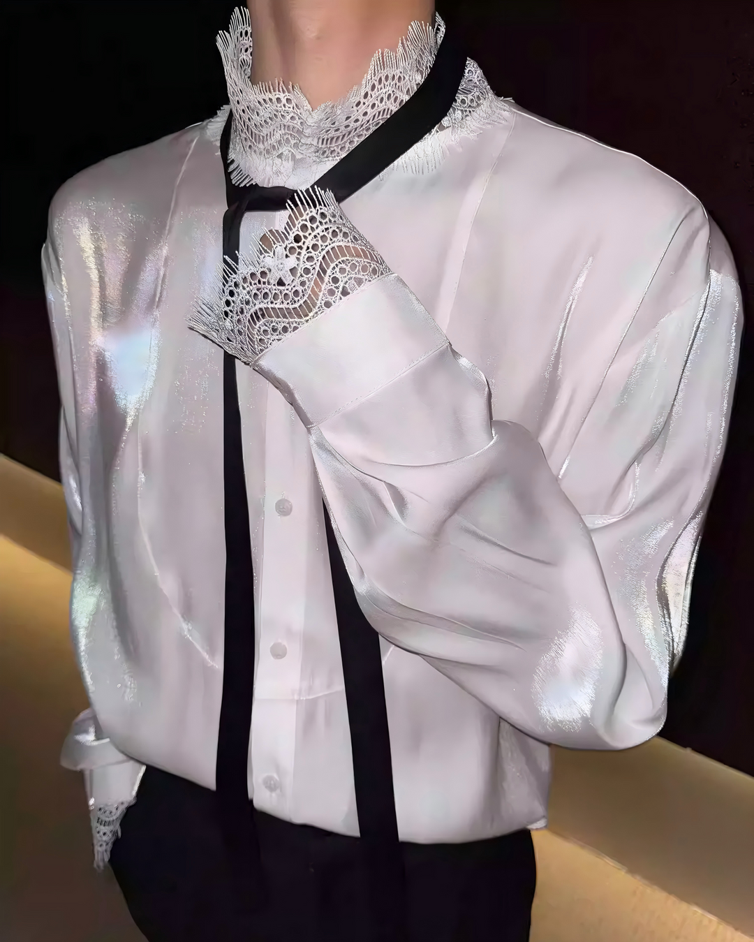 STEP BLOCK MT538 Lace Trim Tie Detail Long-Sleeve Shirt