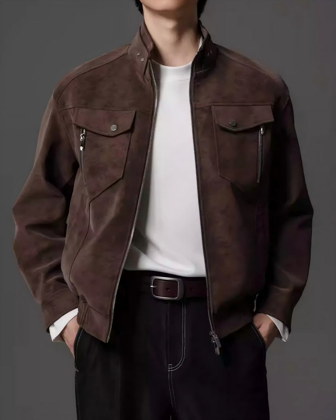 STEP BLOCK ST048 Washed Distressed Faux Leather Stand Collar Utility Jacket