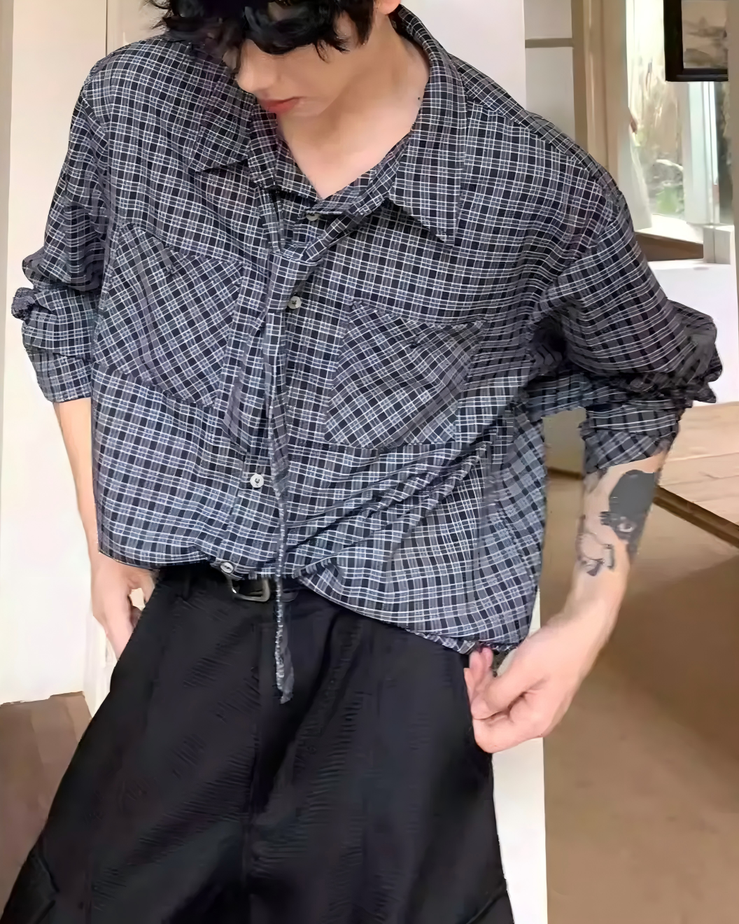 STEP BLOCK MT529 Checkerboard Pattern Neck Tie Shirt