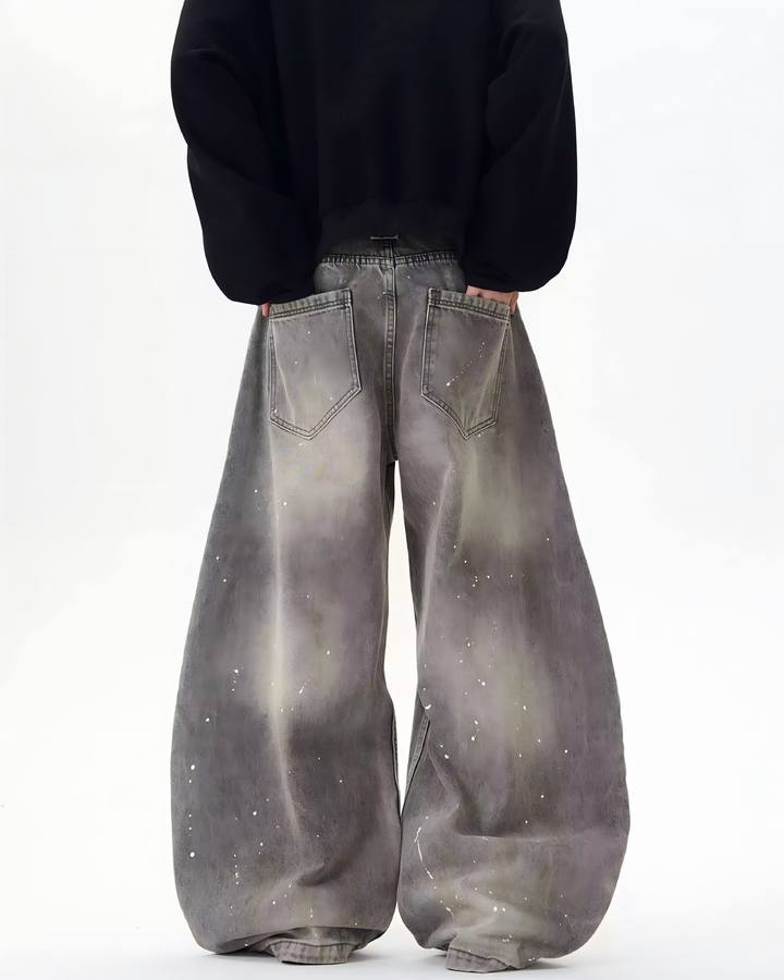 STEP BLOCK MT040 vintage washed grey distressed baggy jeans