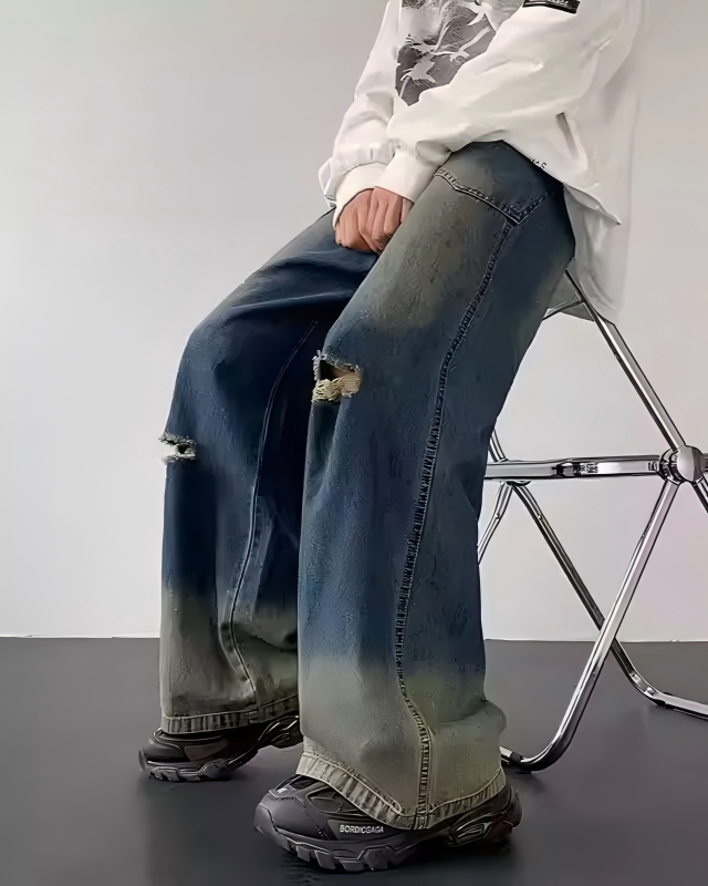 STEP BLOCK MT021 Vintage Distressed Wide-Leg Jeans