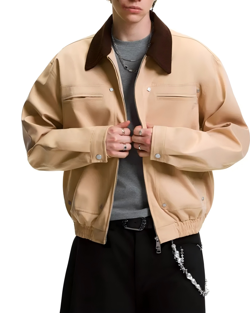 STEP BLOCK ST056 Contrast Shearling Collar Washed Workwear Jacket