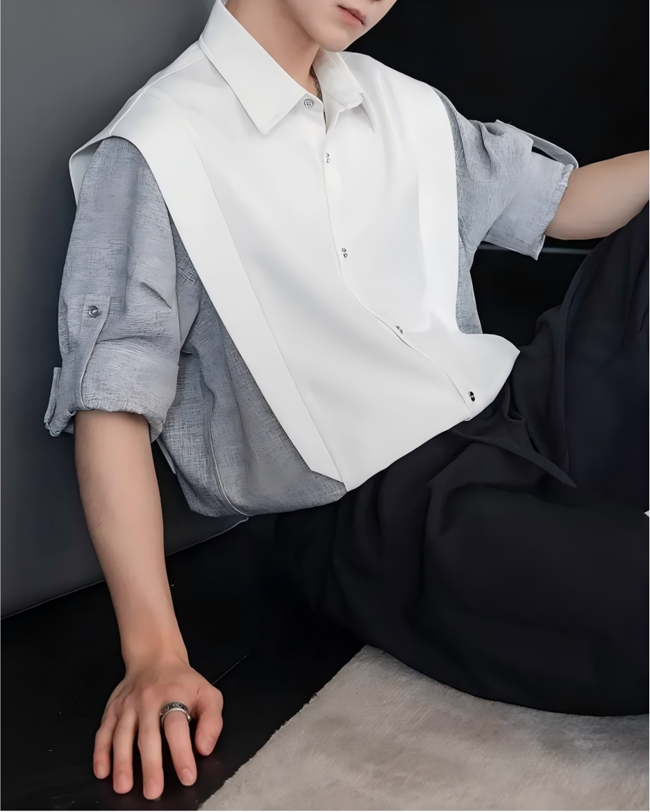 STEP BLOCK MT542 Color Block Patchwork Short-Sleeve Shirt