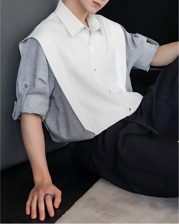 STEP BLOCK MT542 Color Block Patchwork Short-Sleeve Shirt