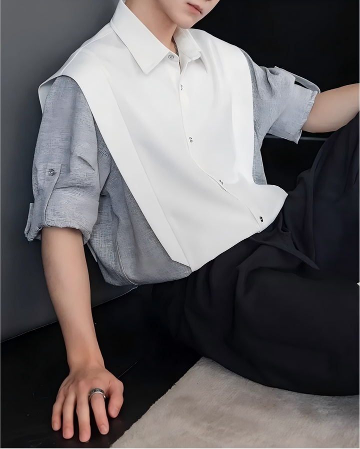 STEP BLOCK MT542 Color Block Patchwork Short-Sleeve Shirt