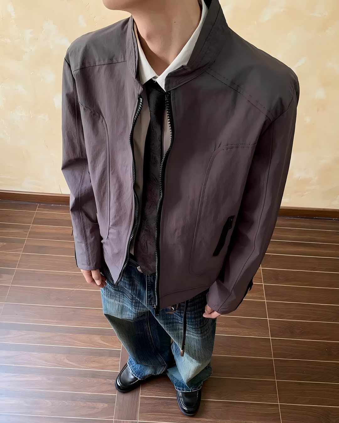 STEP BLOCK ST053 Minimalist Stand Collar Washed Zip-Up Harrington Jacket